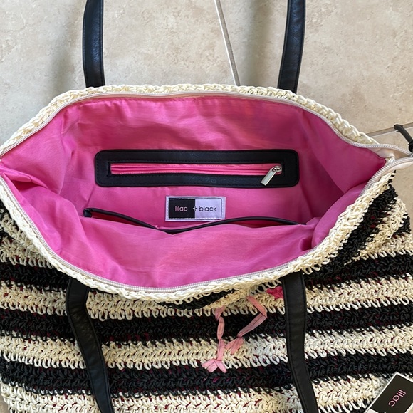 Lilac+Black Striped Straw Flamingo Shoulder Tote - Picture 4 of 5